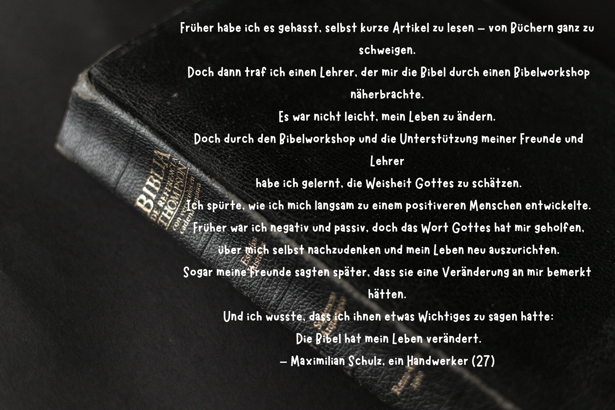 Danke schön! Früher habe ich mehr auf die Meinung anderer geachtet als auf Gottes Wort. Doch diese Gelegenheit hat mir geholfen, mein Selbstwertgefühl durch die Bibel zu stärken und über mich selb (3)