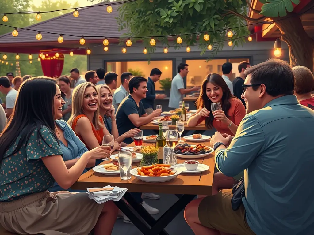 Community gathering with food and music.