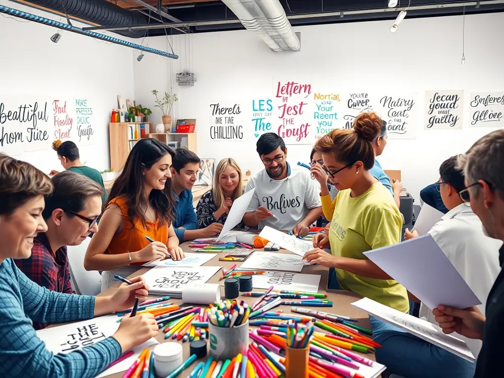 Participants engaged in a creative lettering workshop with colorful markers and paper.