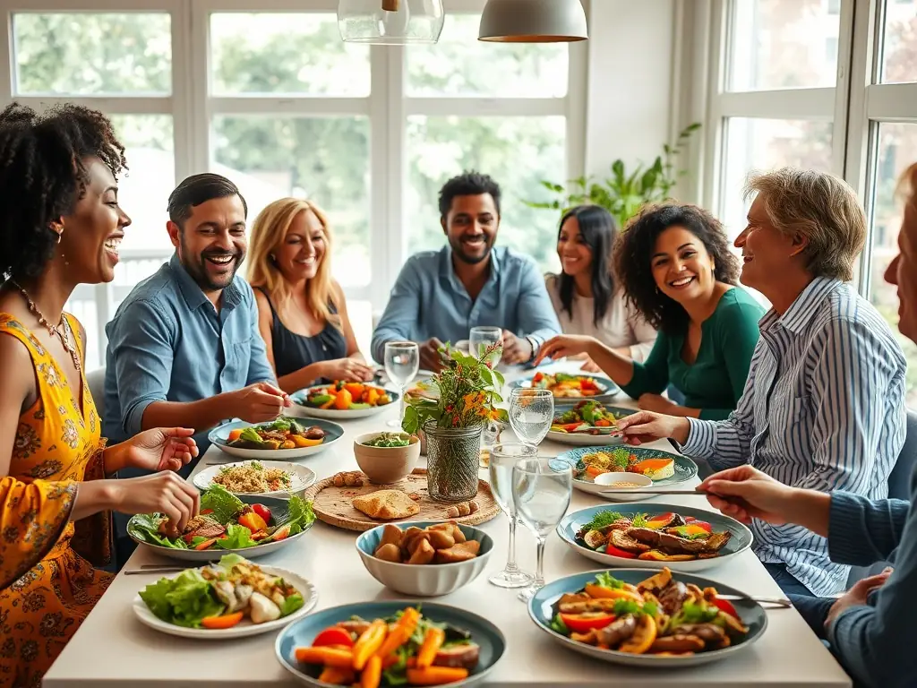 A joyful group of people enjoying a community meal at a beautifully set table.