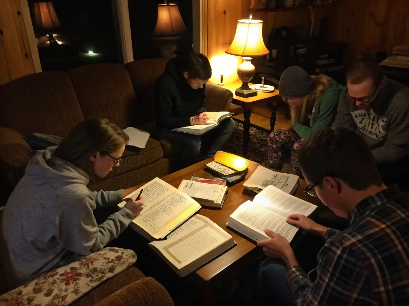 Group participating in a cozy Bible study session.