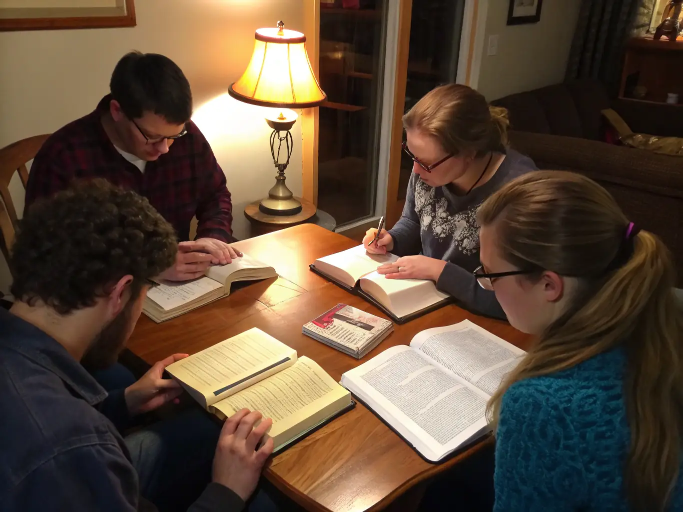 Participants engaged in a Bible study session in a cozy church room.
